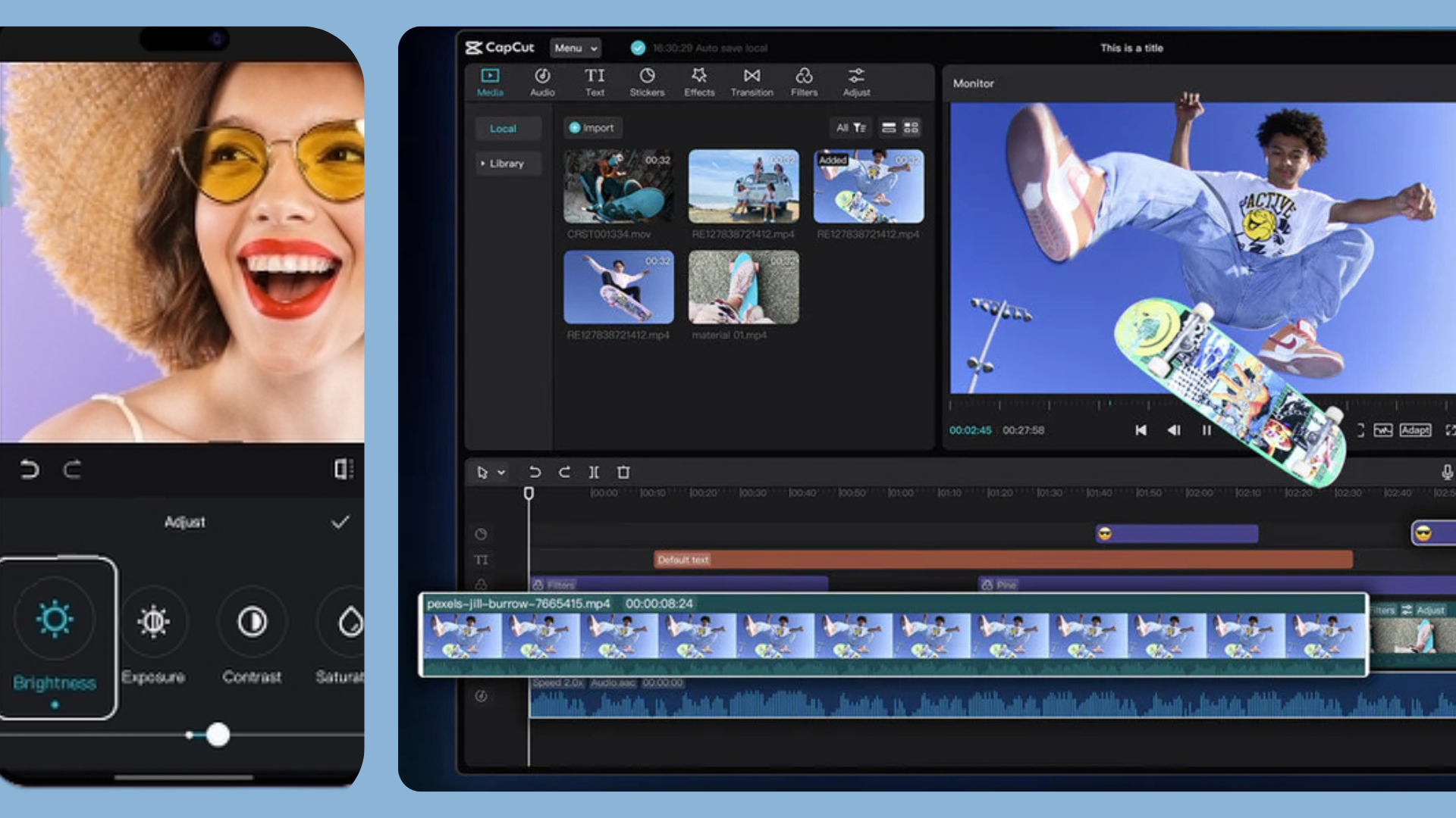 desktop and smartphone screens displaying advanced video editing timelines, media panels, and adjustment controls.