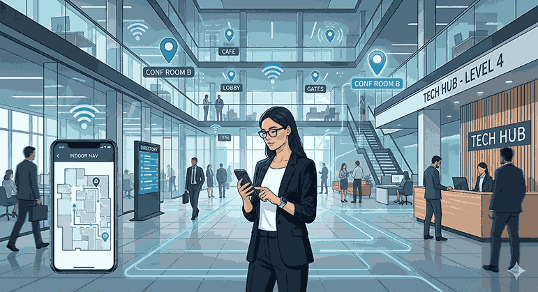 Indoor positioning system guiding a visitor through a large enterprise building using a smartphone navigation map.